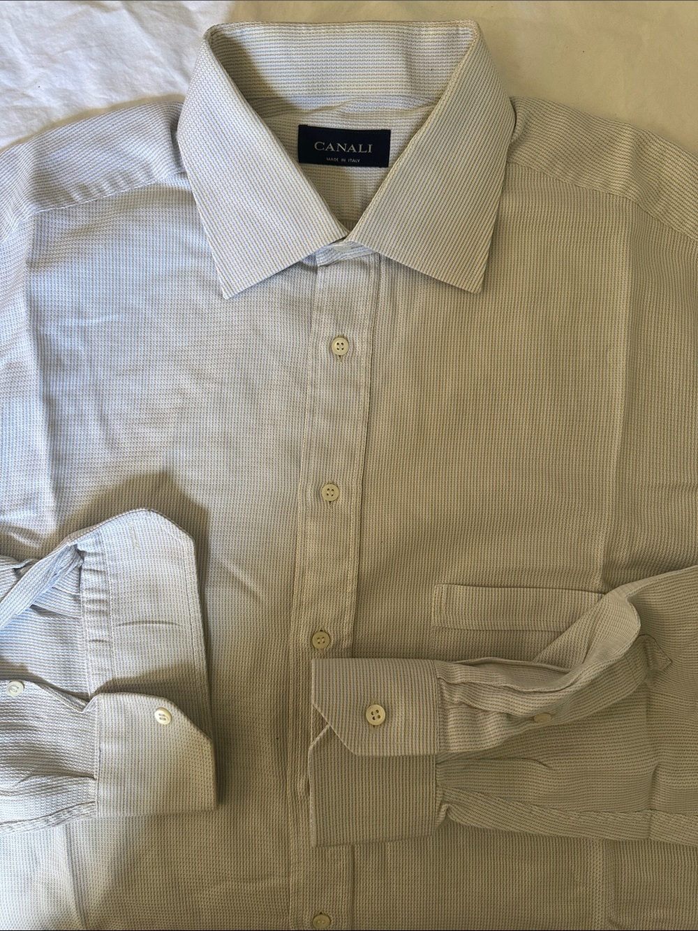 Canali Multicolor Light Blue Beige Textured Knit Men’s Dress Shirt Size 17.5/44